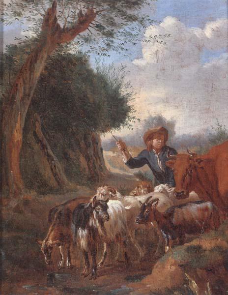 unknow artist A Young herder with cattle and goats in a landscape oil painting picture